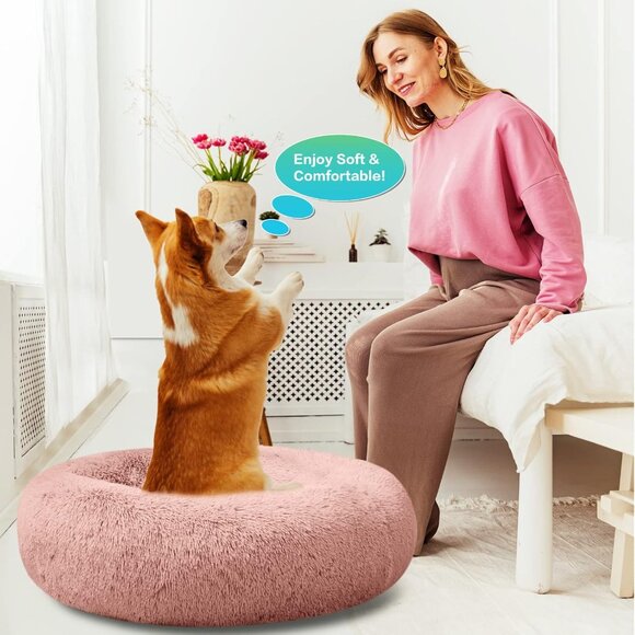 Calming Dog Bed Plush Donut Comfy Cuddler Faux Fur Washable Multiple Sizes S-XXL - Picture 6 of 6
